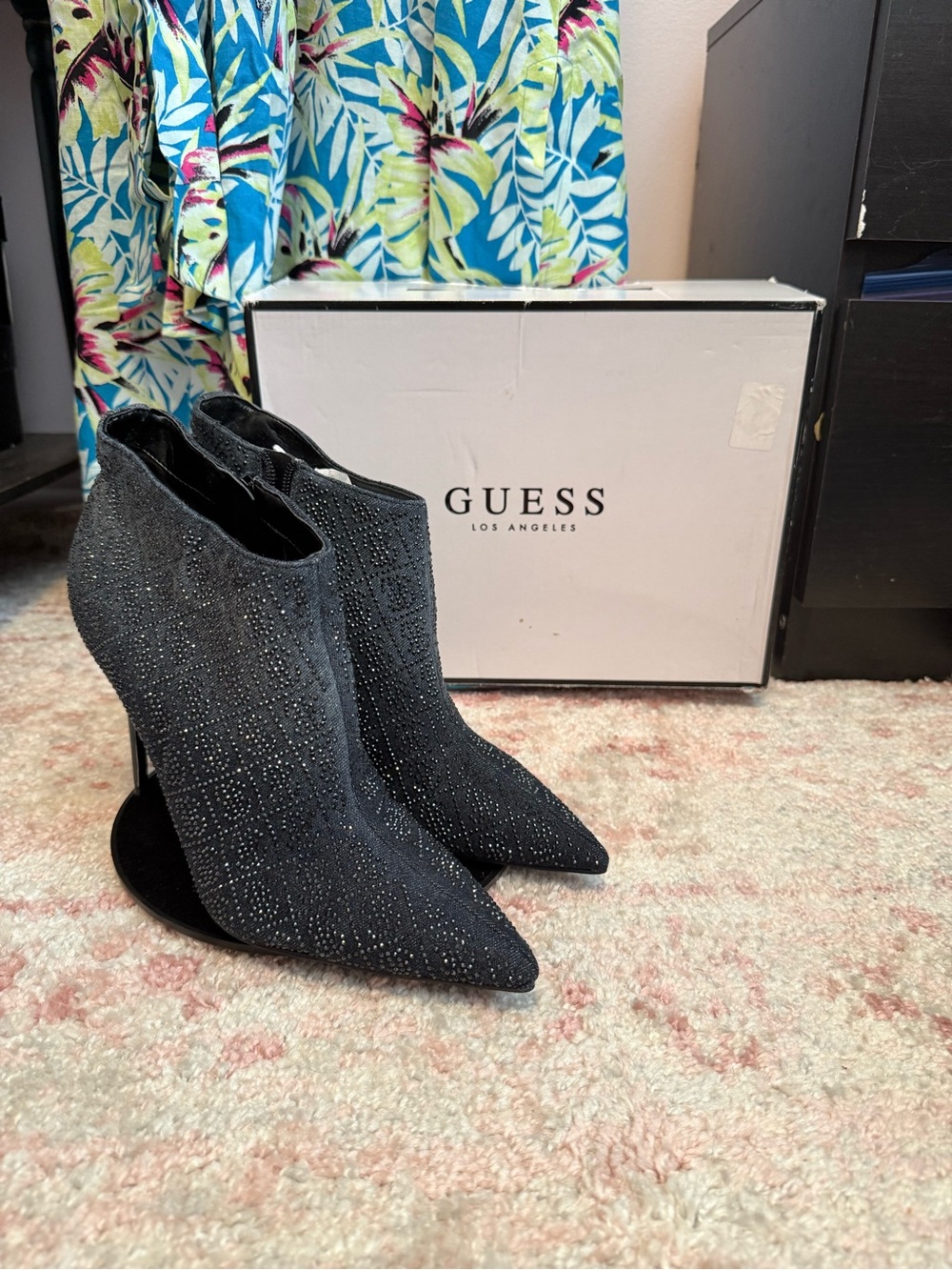Guess Black Crystal-Embellished Pointed Toe Ankle Booties